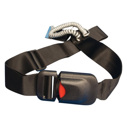 Smart Caregiver Easy-Release Seat Belt Alarm with a black strap and a coiled cord attached to a buckle.