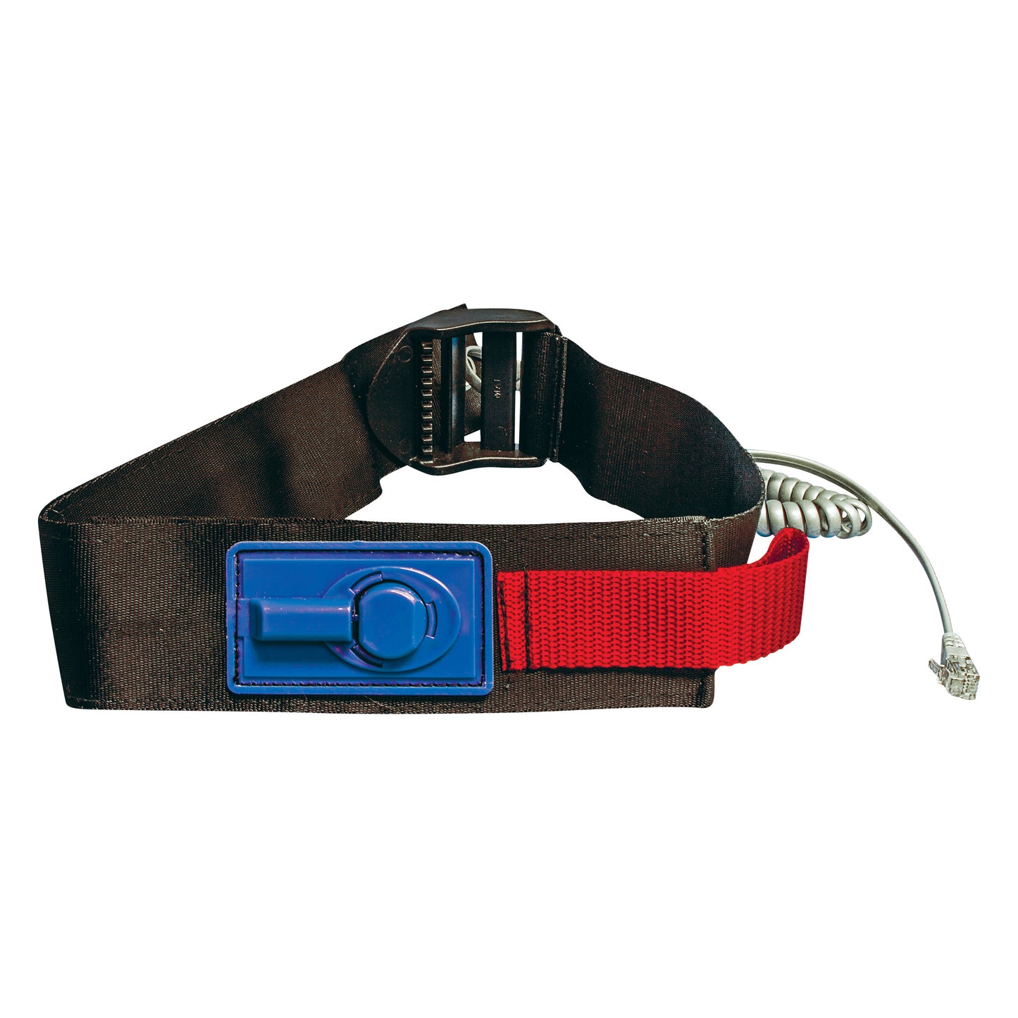 Smart Caregiver Quick-Release Seat Belt Alarm with a black strap, red pull cord, blue buckle, and a coiled wire attachment.