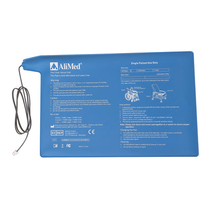 The image features an AliMed Corded Chair Pressure Sensor Pad, a blue, anti-microbial pad with printed instructions and a black cord.