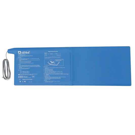Blue AliMed Corded Bed Pressure Sensor Pad with printed instructions and cord attached, designed for single patient use.