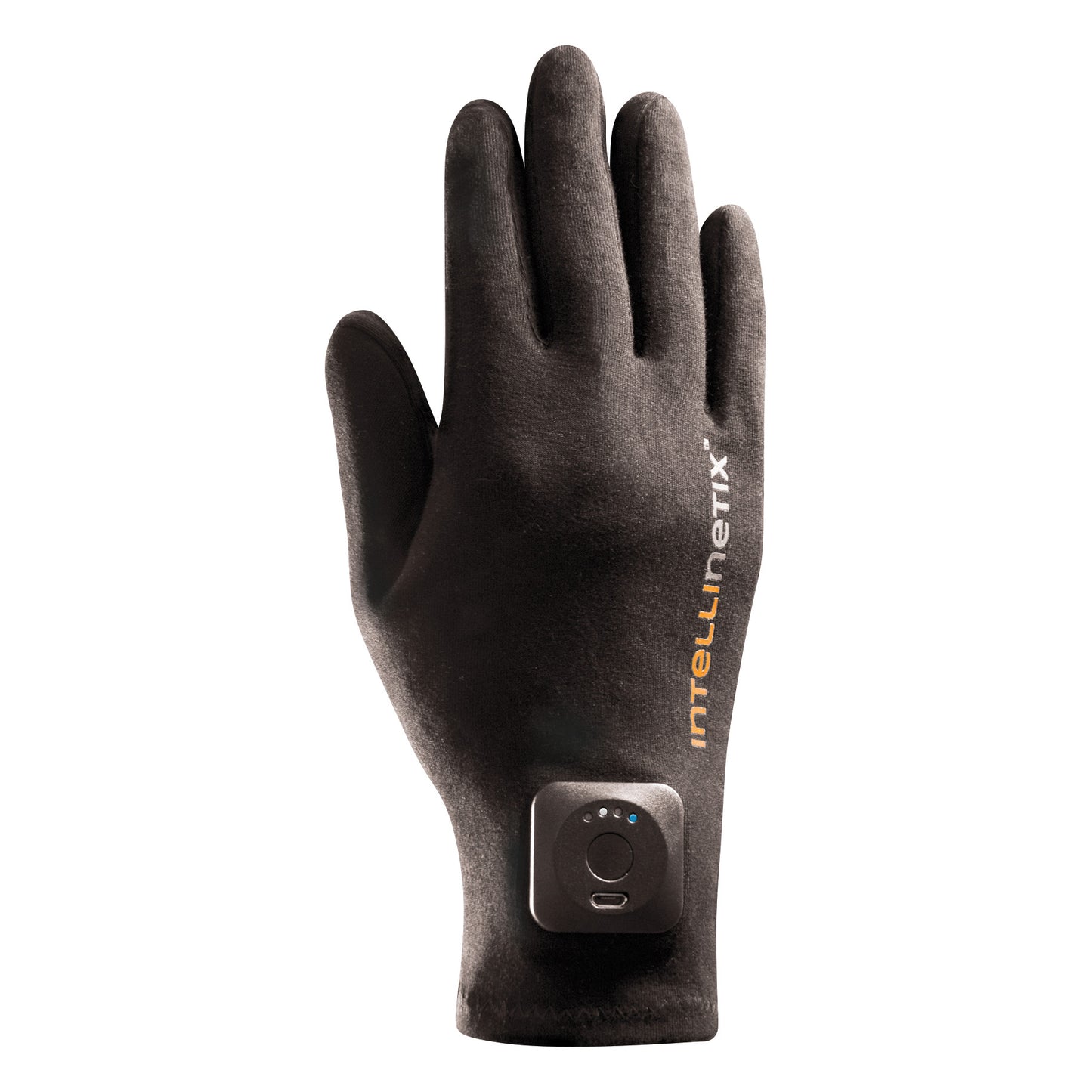 A black Intellinetix Therapy Glove featuring a control module on the wrist, designed for therapeutic use.