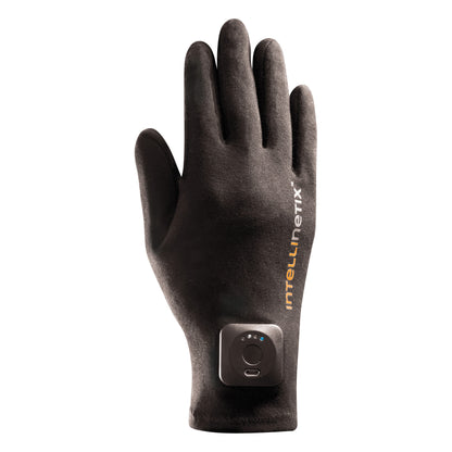 A black Intellinetix Therapy Glove featuring a control module on the wrist, designed for therapeutic use.