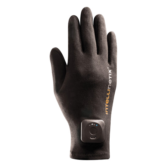 A black Intellinetix Therapy Glove featuring a control module on the wrist, designed for therapeutic use.
