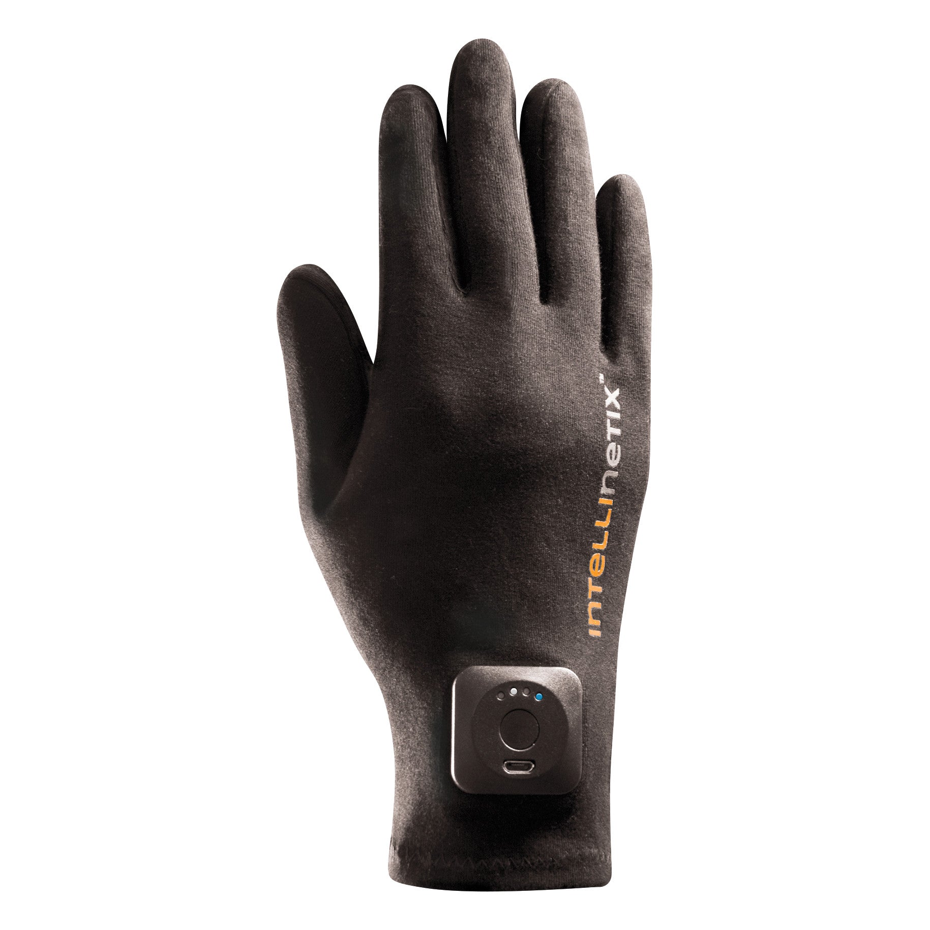 A black Intellinetix Therapy Glove with a small control device attached, featuring the brand name on the wrist area.