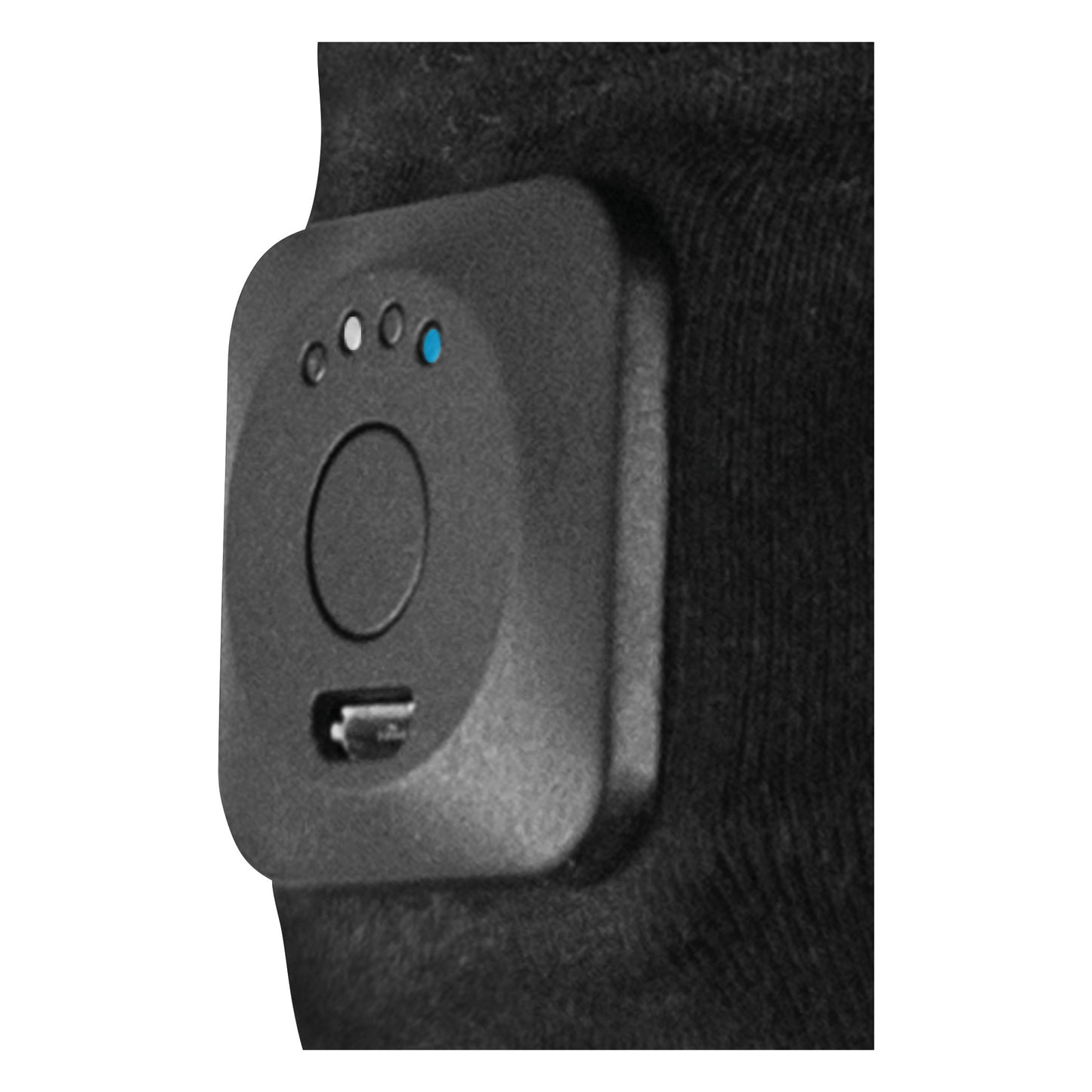 Close-up of a control panel on Intellinetix Therapy Gloves, featuring buttons and a charging port in a black fabric context.