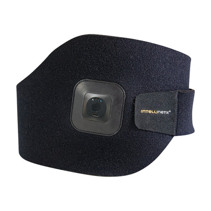 Intellinetix Universal Therapy Wrap, a black adjustable wrap with a square control panel for therapeutic use.