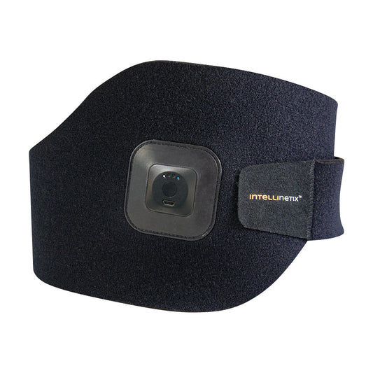 Intellinetix Universal Therapy Wrap, a black adjustable wrap with a square control panel for therapeutic use.