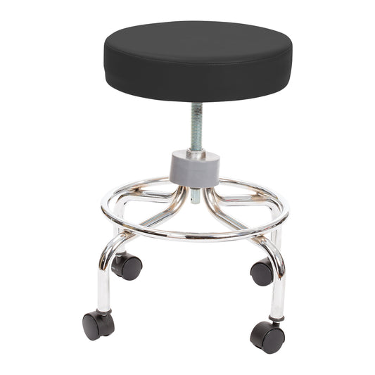 AliMed Utility Stool with Safe-Brake Casters features a black round seat, chrome frame, and wheels for mobility.