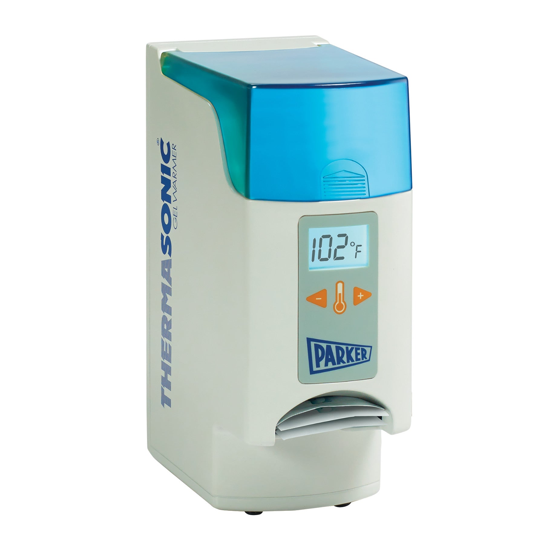 Parker Labs THERMASONIC Gel Warmer features a digital display showing 102�F, with blue and white casing and control buttons.
