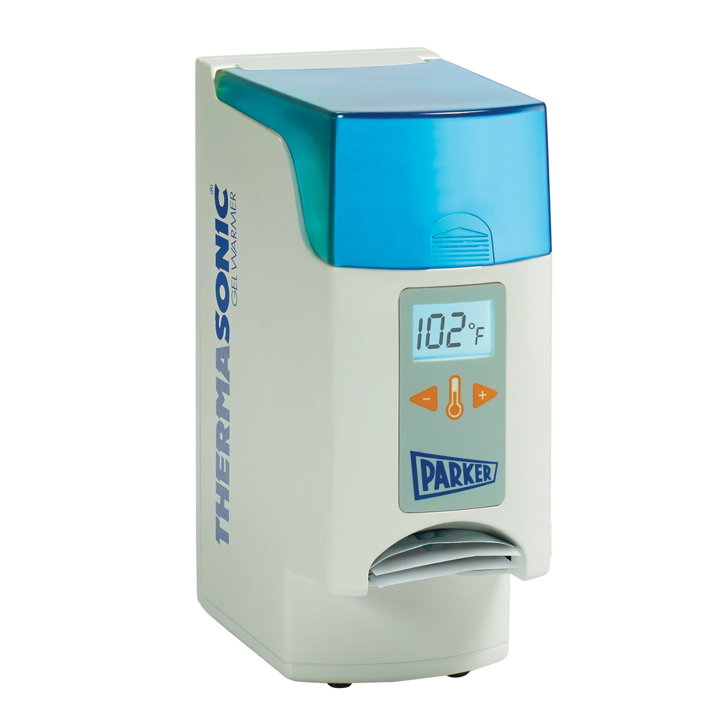 Parker Labs THERMASONIC Gel Warmer features a digital display showing 102�F, with blue and white casing and control buttons.