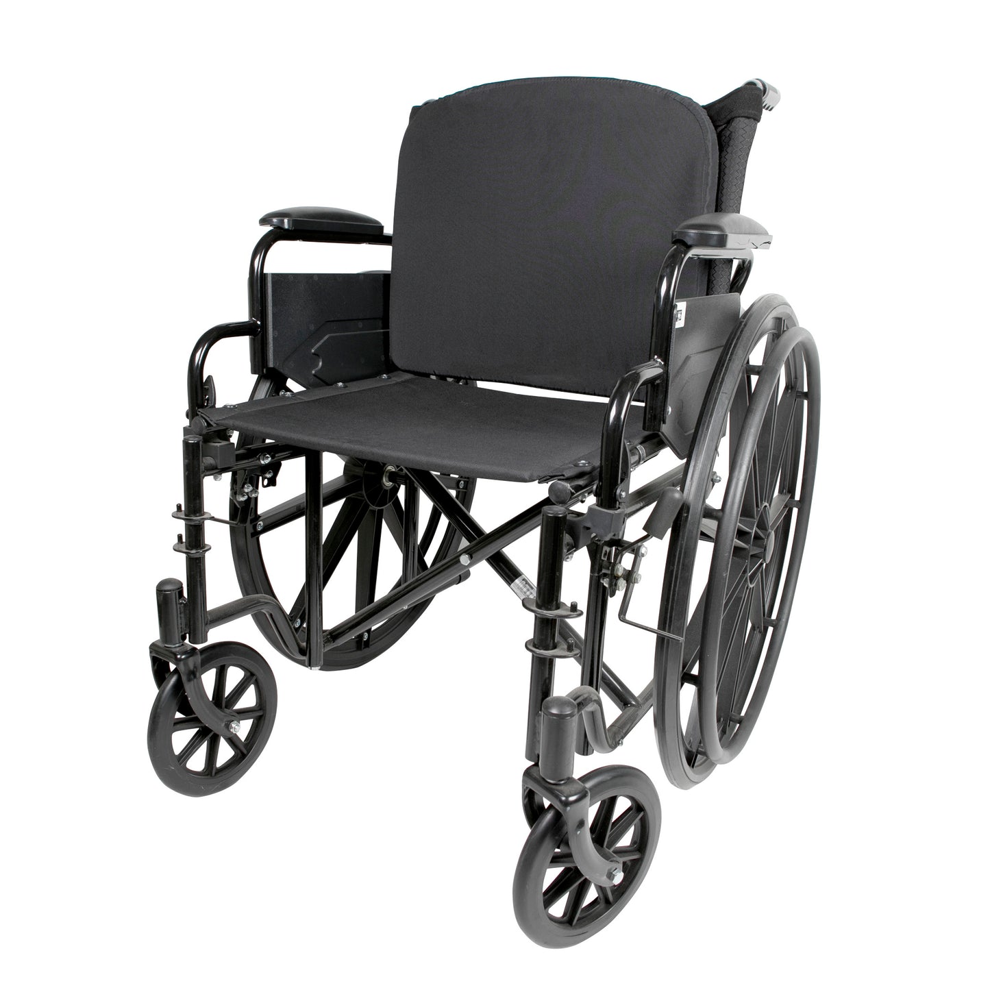 A black manual wheelchair featuring a Protekt Adjustable Tension Backrest, large rear wheels, and small front casters.