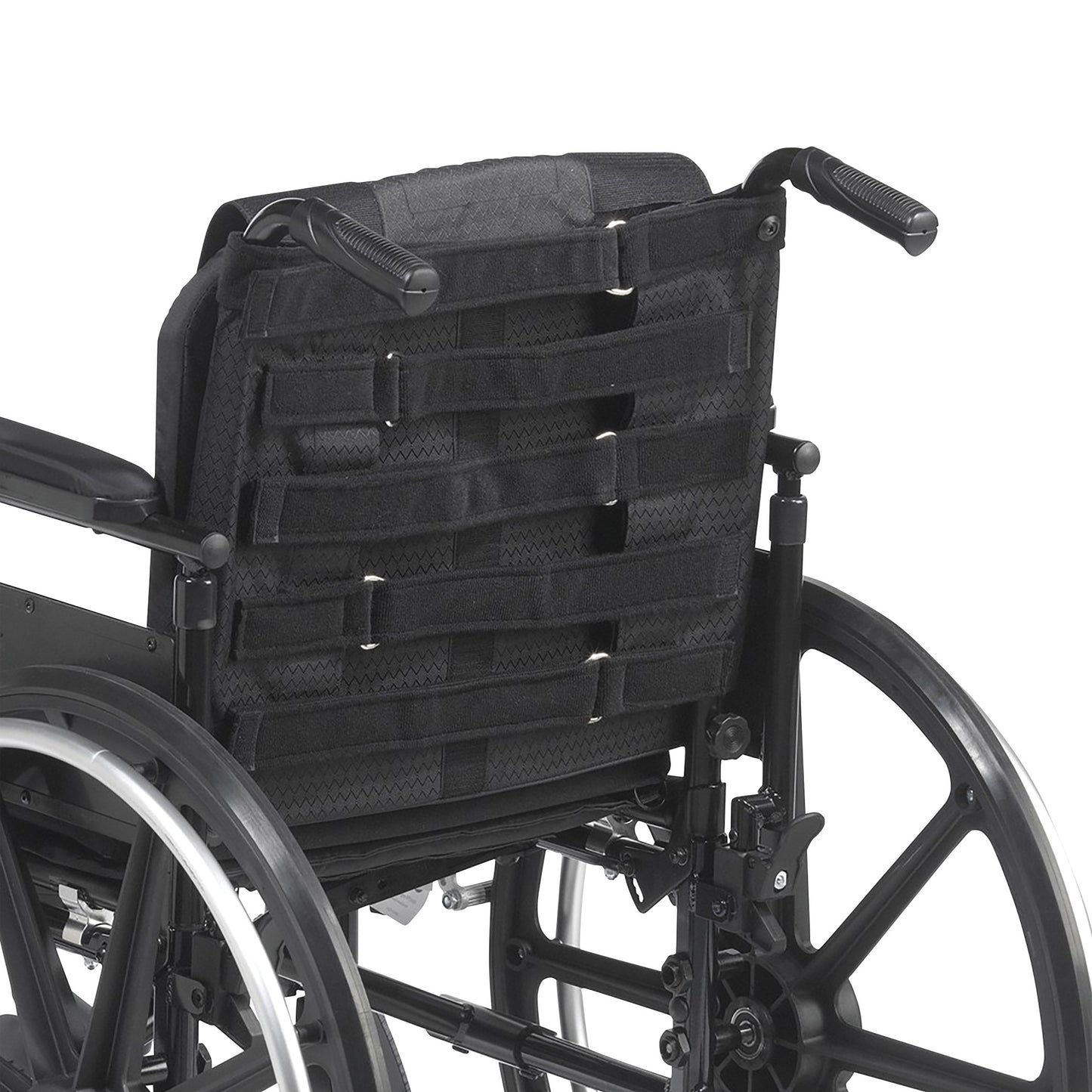 A wheelchair features the Protekt Adjustable Tension Back, with black straps and handgrips for comfort and support.