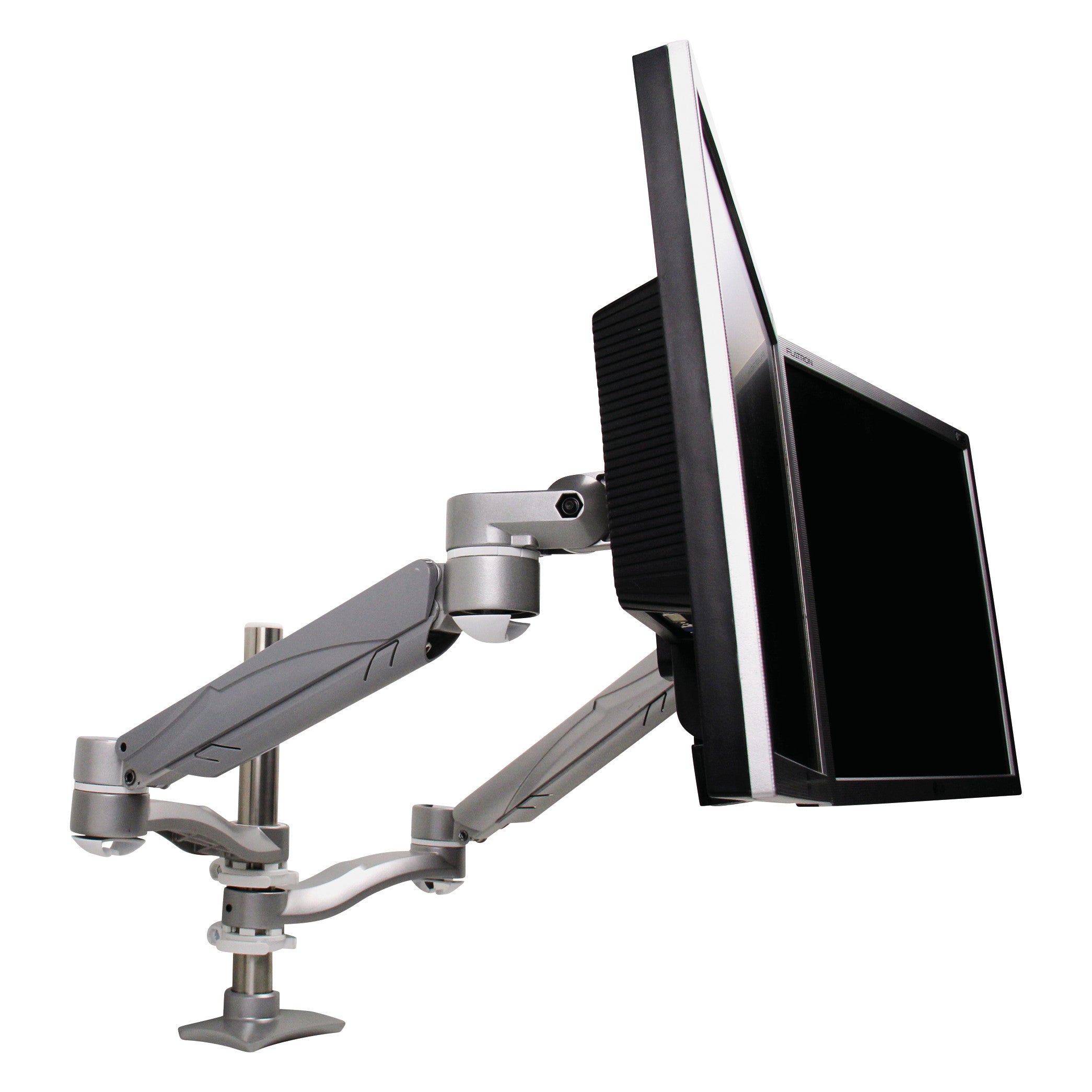 A VersaTech Monitor Arm holds a flat-screen monitor, showcasing its adjustable joints and sleek metallic design.