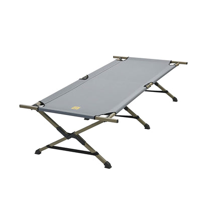 A Slumberjack Emergency Cot with a gray fabric surface and sturdy, foldable metal legs, designed for portable use.