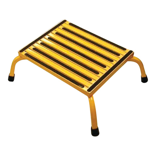 The Safety Step Bariatric Step Stool features a yellow frame with a slatted anti-slip surface and rubber-capped legs.