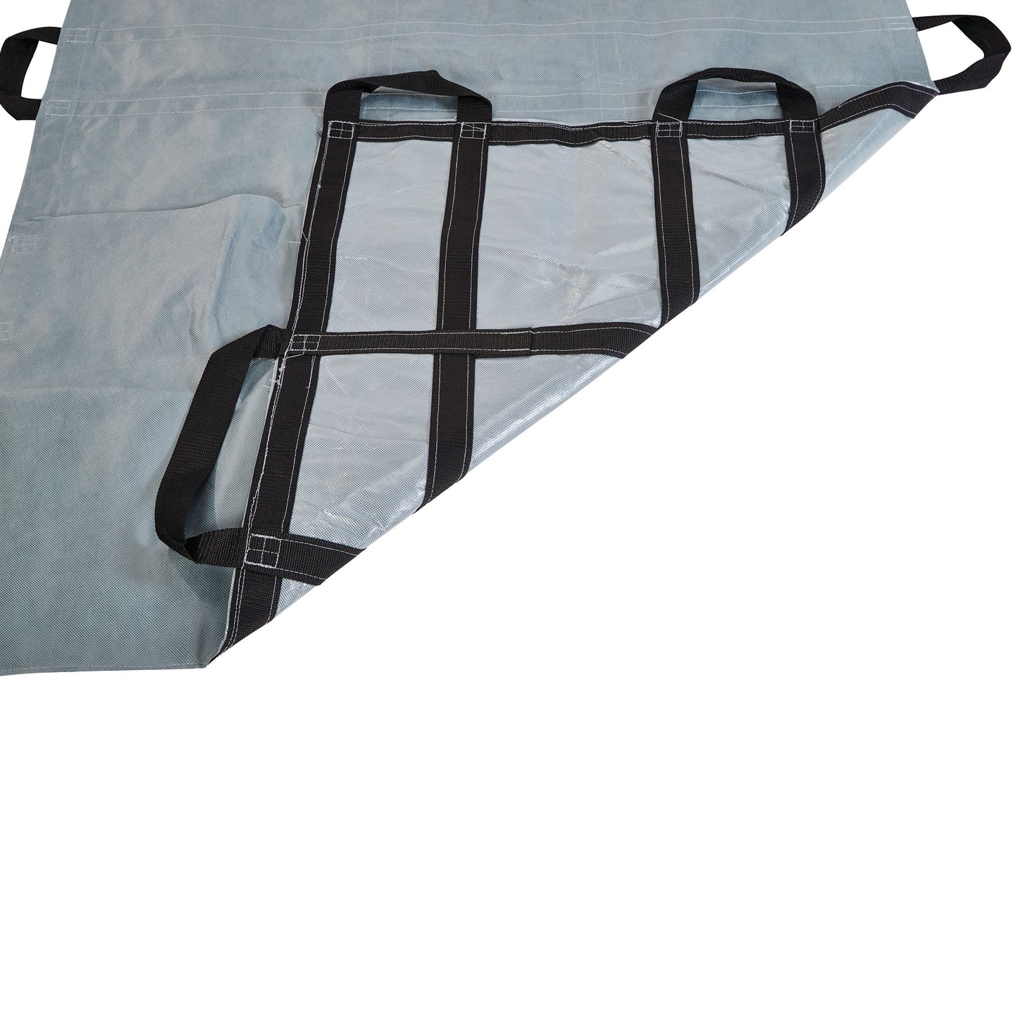 Graham Medical MegaMover Plus Transport Unit with multiple black handles on a sturdy, light gray fabric.