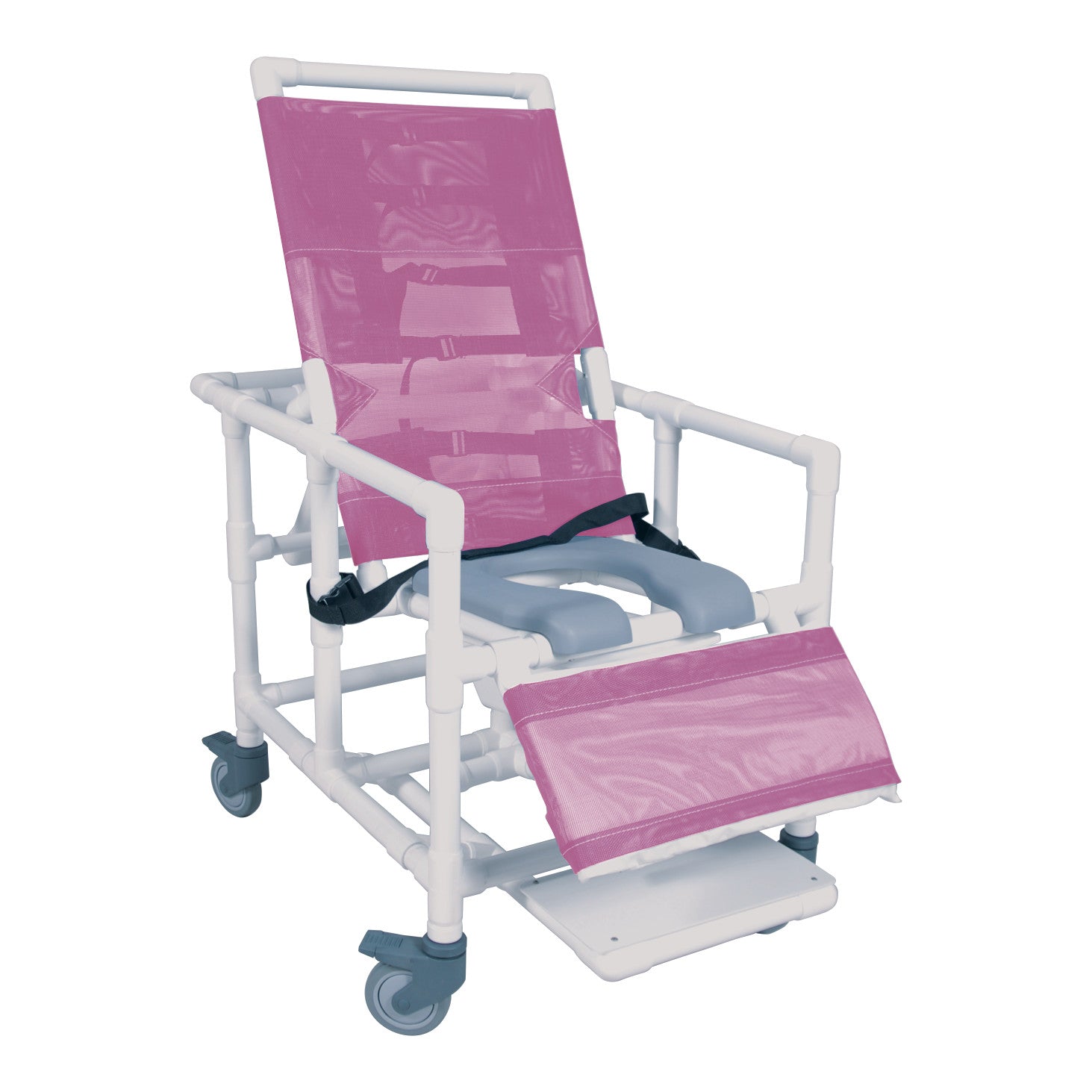 The Healthline Bariatric Reclining Shower Commode Chair features a white PVC frame, pink mesh backrest and seat, and four wheels.