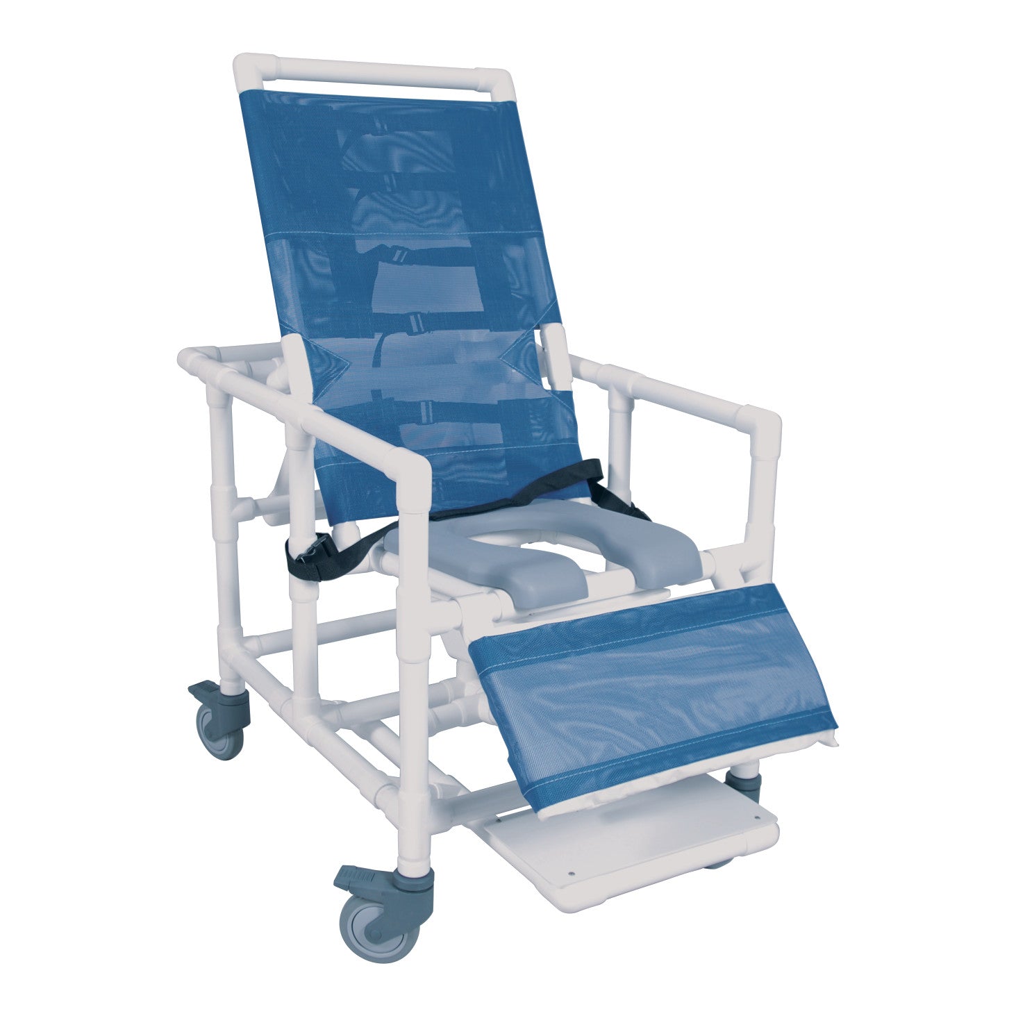The Healthline Bariatric Reclining Shower Commode Chair is shown, featuring a blue seat and backrest, white PVC frame, and wheels.