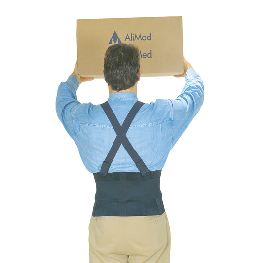 A person wearing an AliMed Elastic Brace, lifting a box labeled "AliMed" overhead. The brace has black straps over a blue shirt.