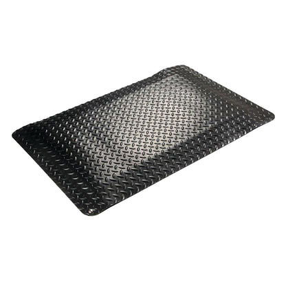 A Wearwell Electrically Conductive Anti-Fatigue Mat with a textured black surface and beveled edges is shown.