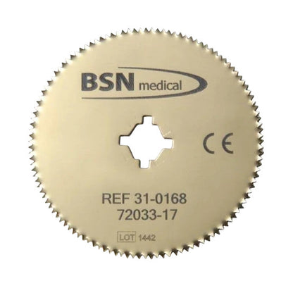 Delta-Cast Cast Saw Blade with a toothed circular edge and central cutout. It displays branding and reference numbers.