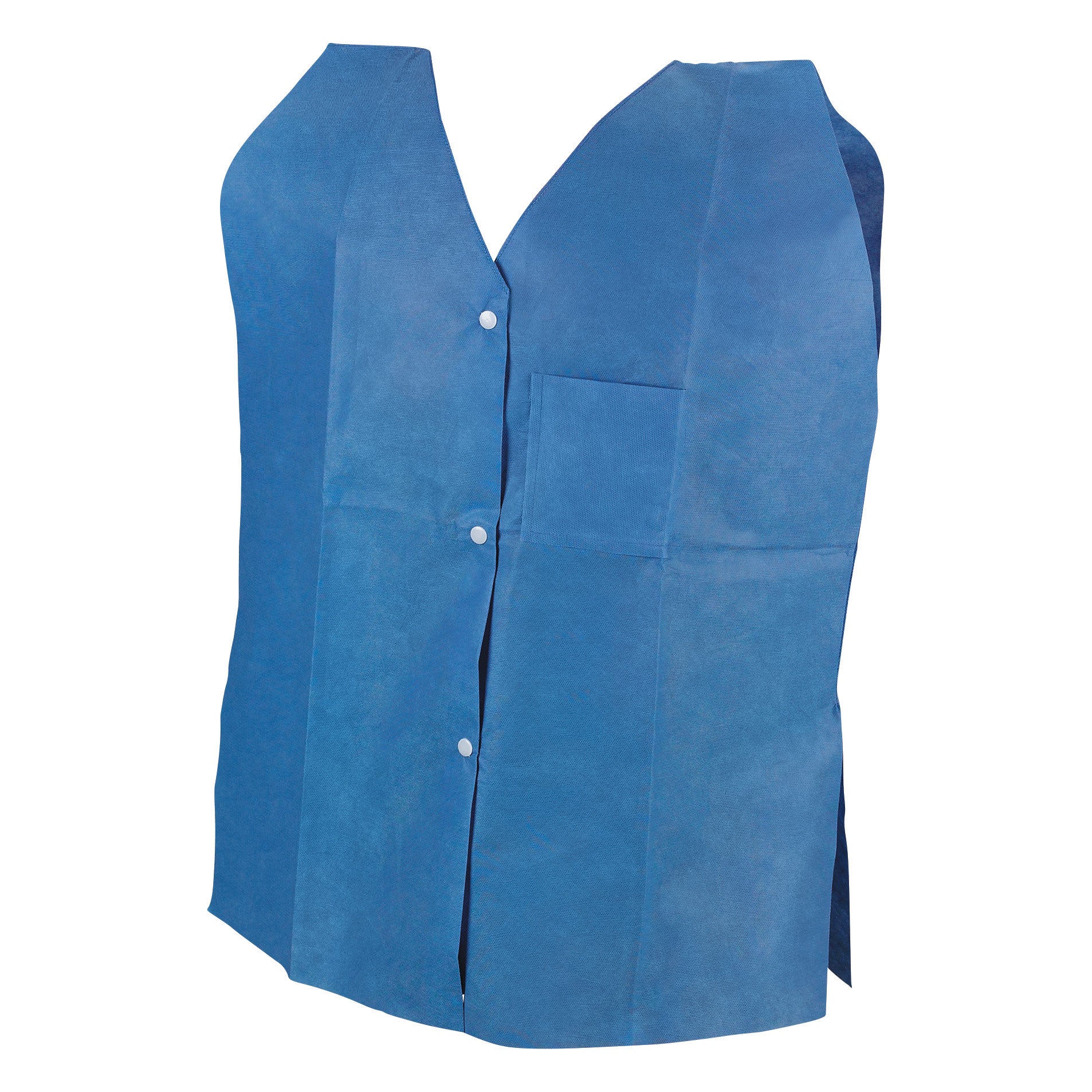 Blue disposable Tidi Exam/Rehab Vest with front buttons and a chest pocket, designed for medical or rehabilitation settings.