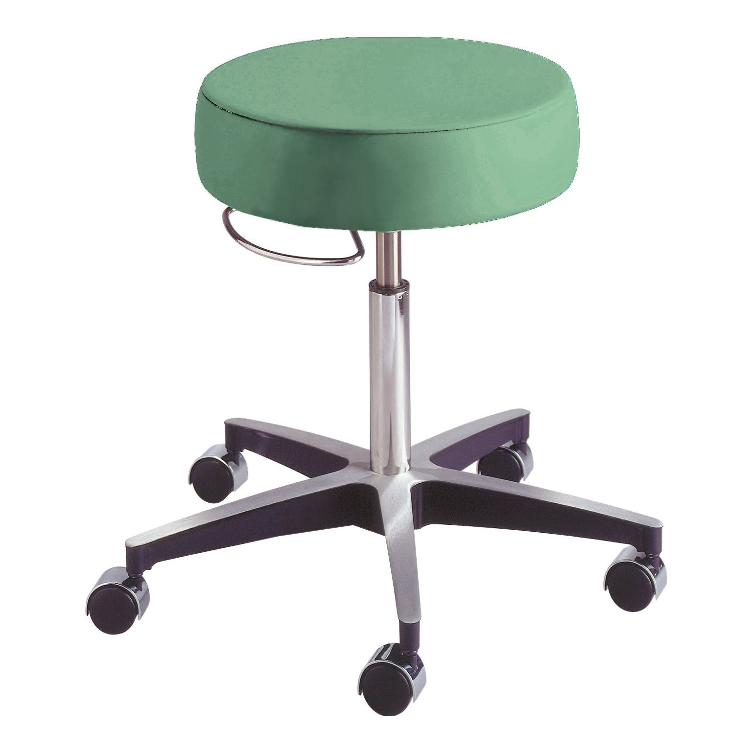 The AliMed Deluxe Pneumatic Stool features a green cushioned seat and a five-wheel chrome base for mobility and height adjustment.