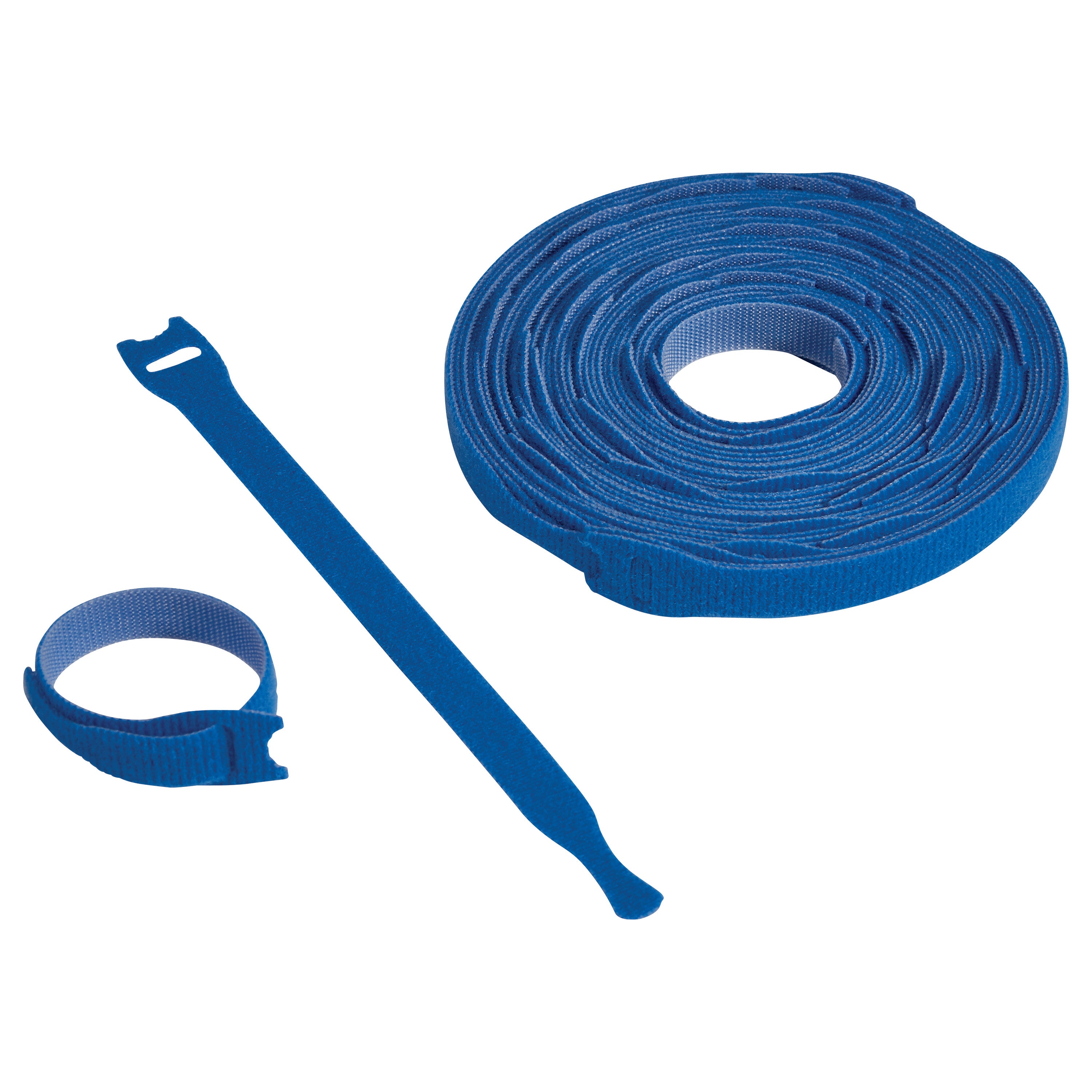Blue AliMed AliTies, including a coiled roll, a single strap, and a fastened loop, shown on a plain white background.