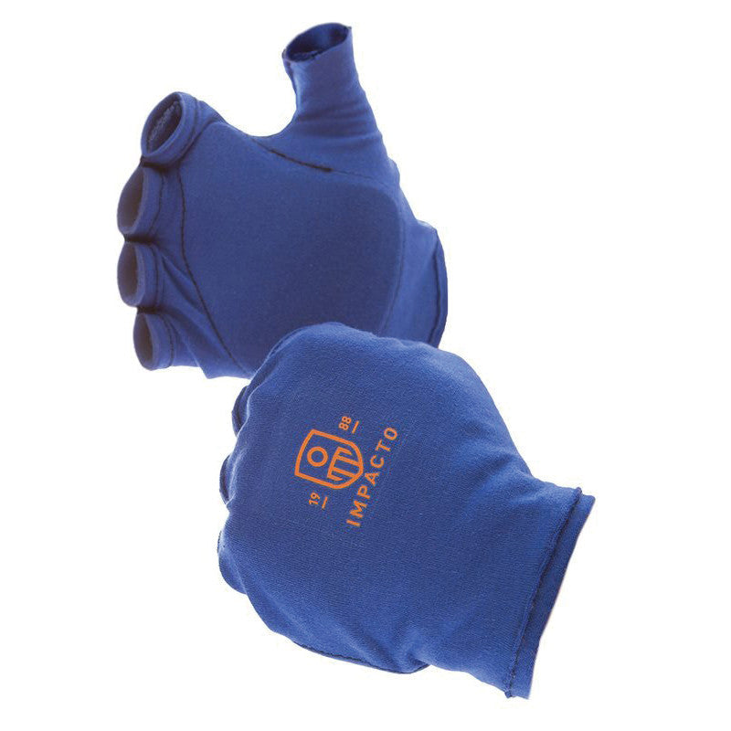 Blue Impacto Anti-Impact Fingerless Gloves and Inserts with orange logo, designed to protect hands while allowing finger mobility.