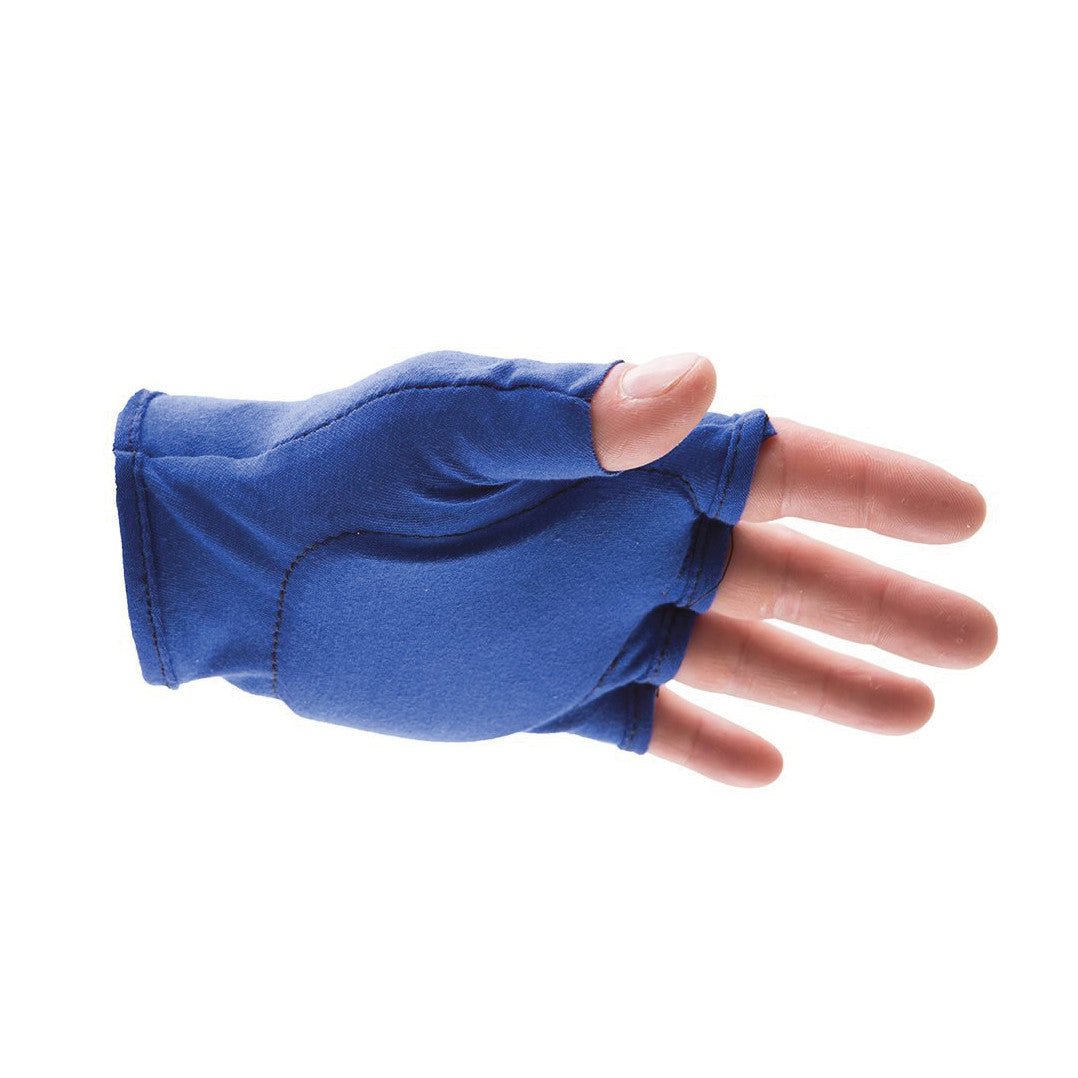 A hand wears an Impacto Anti-Impact Fingerless Glove. The glove is blue and covers the palm, leaving fingers exposed.
