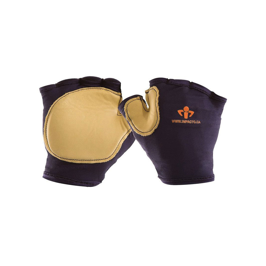 Impacto Anti-Impact Fingerless Gloves and Inserts, featuring black fabric with beige padded palms, shown from the back.