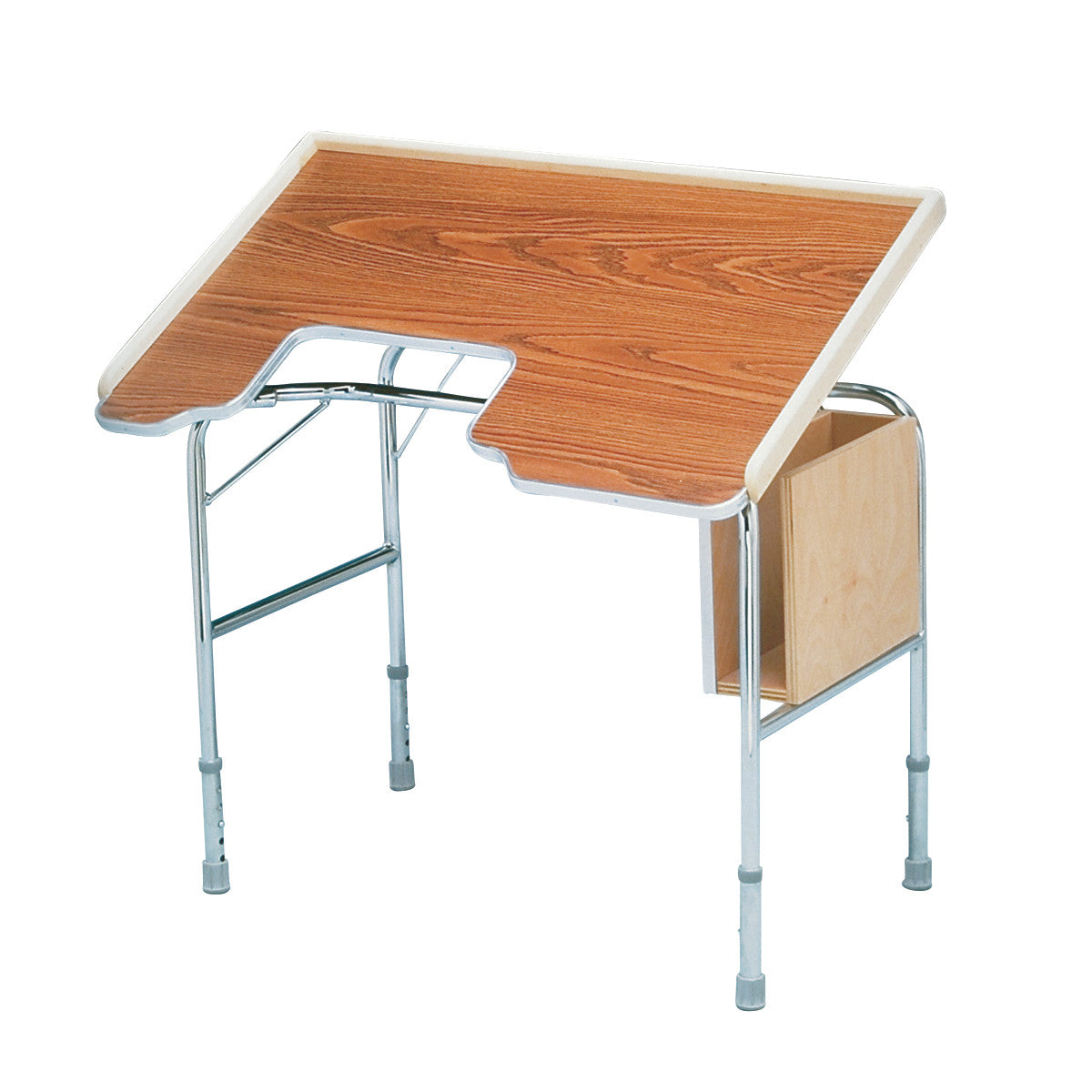 The Height-Adjustable Tilt-Top Work Table has a tilt-adjustable wooden surface, metal legs, and a side storage compartment.
