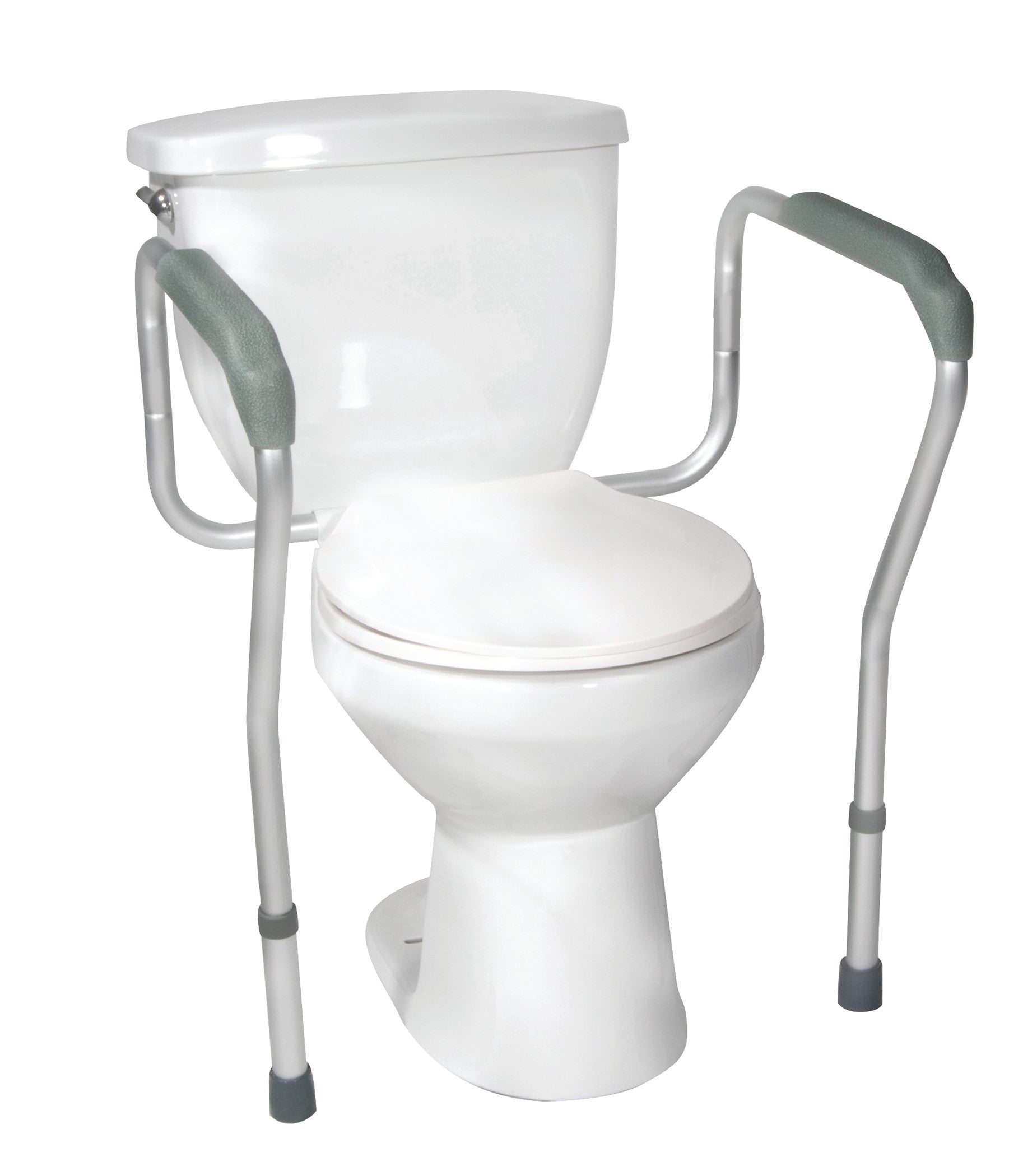 The Drive Medical Adjustable Toilet Safety Frame is attached to a toilet, featuring sturdy gray handles for added support.