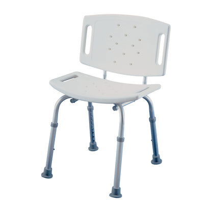 A white Shower Bench with a backrest, featuring adjustable metal legs and drainage holes on the seat and backrest.