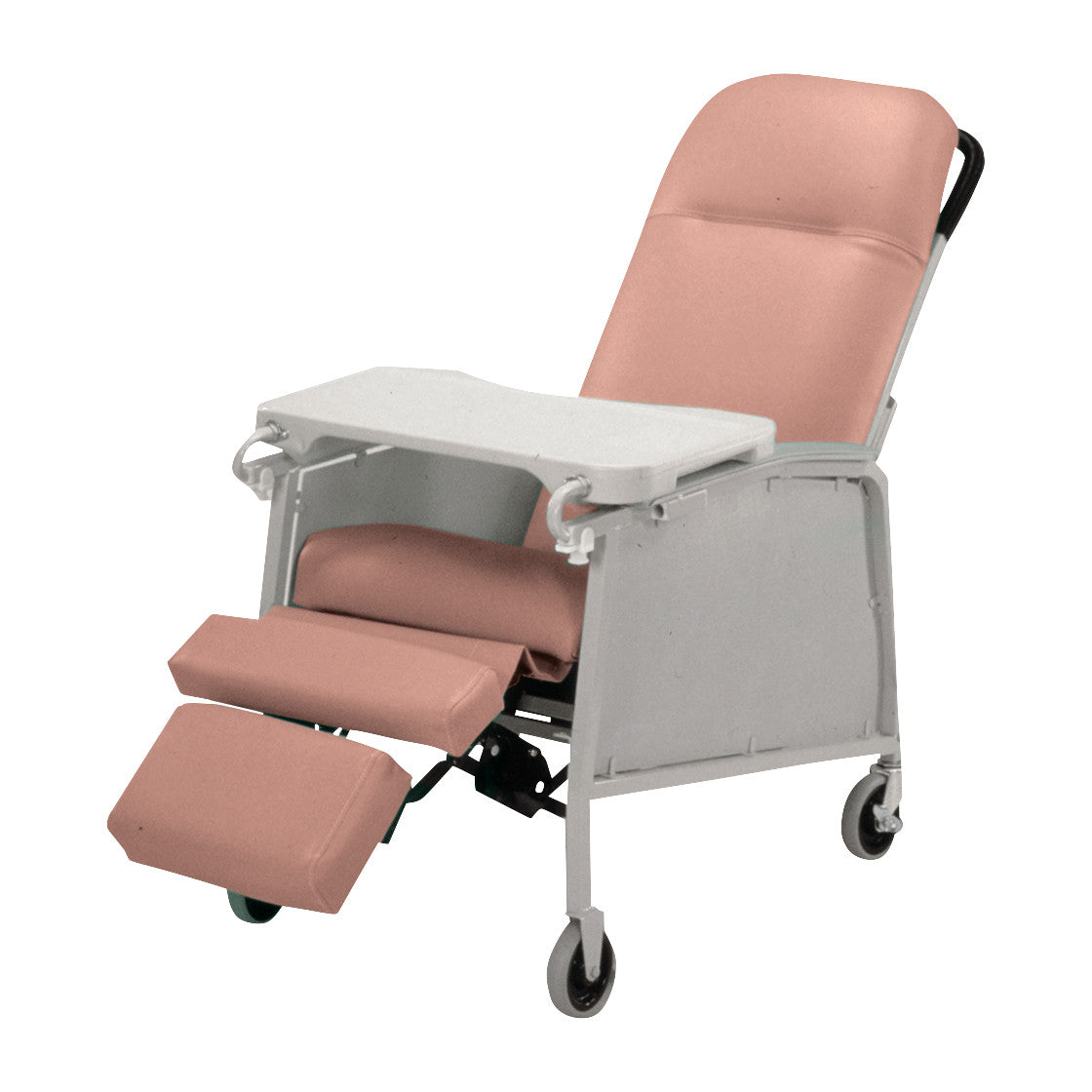 The Lumex Ortho-Biotic Three-Position Recliner, Model 574, has a pink padded seat, leg rest, tray, and four wheels for mobility.