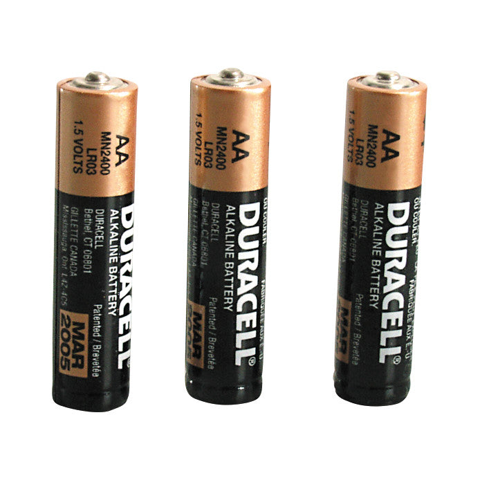 Three Duracell AA alkaline batteries are standing upright in a row.