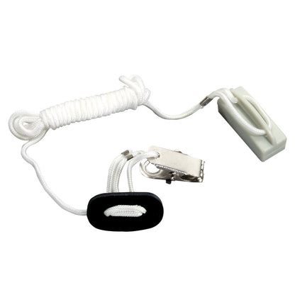 Replacement Magnetic Pull-Cord for AliMed Basic Magnetic Pull Cord Alarm with a white cord, black clip, and silver attachment.