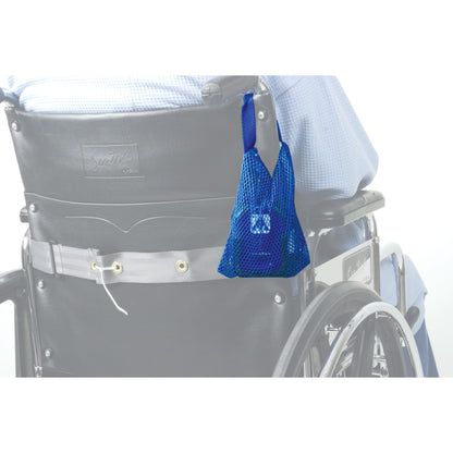 A blue AliMed Alarm Mounting Bag is attached to the handle of a wheelchair.