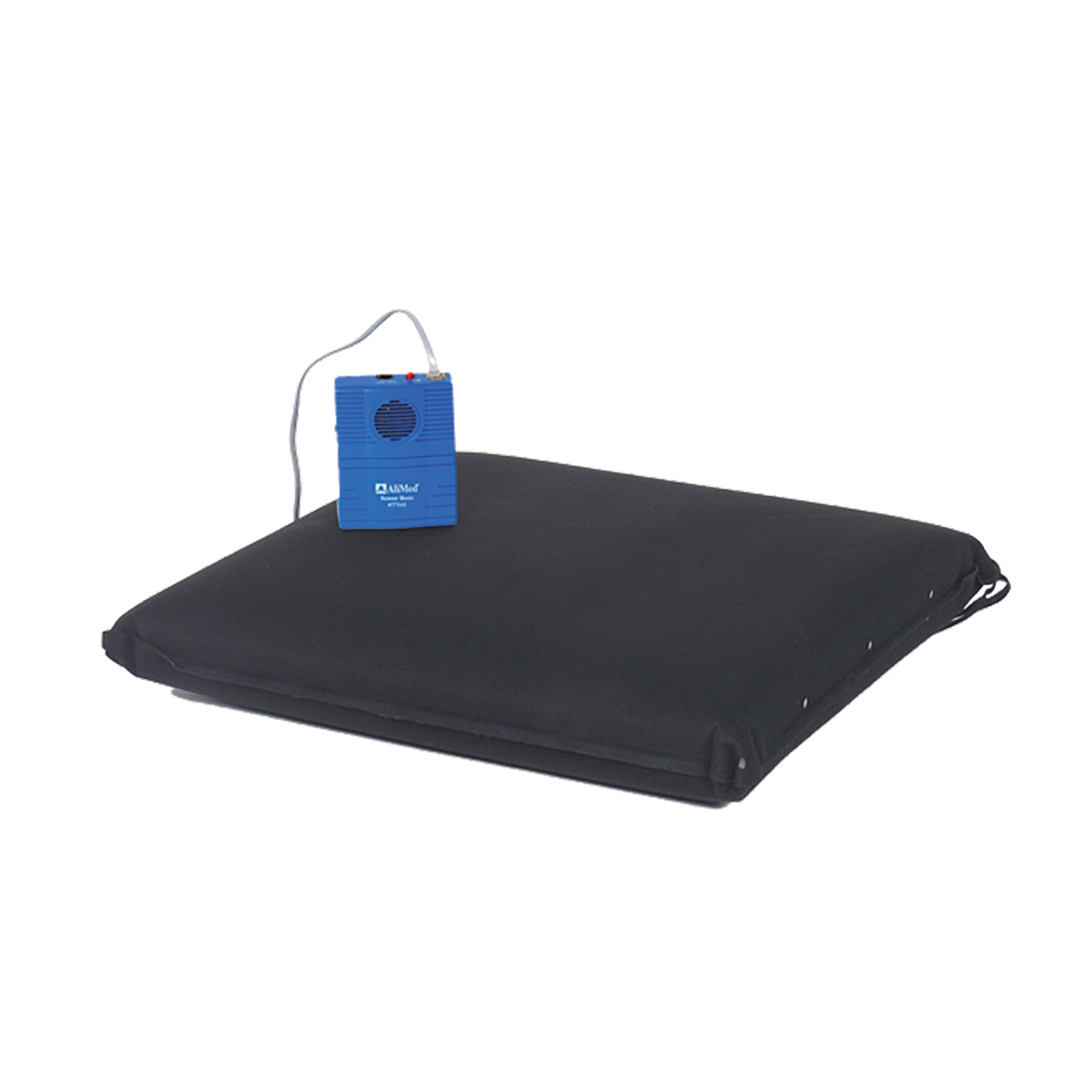 AliMed Sensor Cushion shown. It's a black cushion with an attached blue device featuring controls and a cable connection.