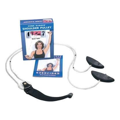 Home Ranger Original Shoulder Pulley with rope, handles, and a wall attachment shown. Packaging and instruction booklet included.