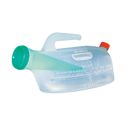 The URSEC Spillproof Urinal is a clear, 1-liter container with a green spout and a red cap, designed to prevent spills.