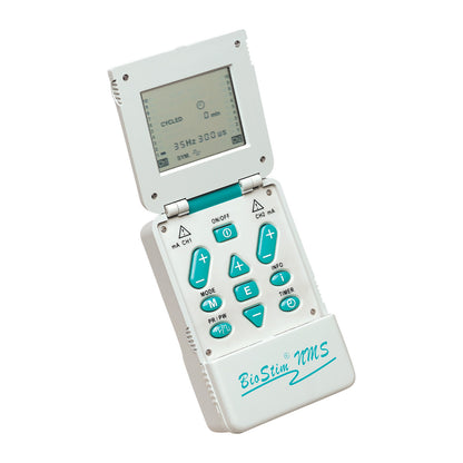 BioStim Digital NMS2 Muscle Stimulator with flip-open design, LCD screen, and blue control buttons on a white body.