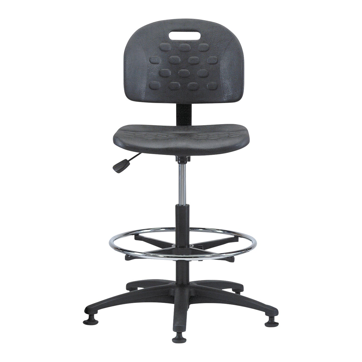 Brewer Industrial Seating chair with a black cushioned seat, backrest, adjustable height, footrest ring, and five-legged base.