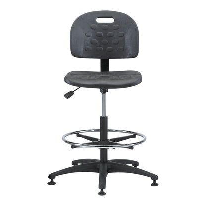 Brewer Industrial Seating chair with a black cushioned seat, backrest, adjustable height, footrest ring, and five-legged base.