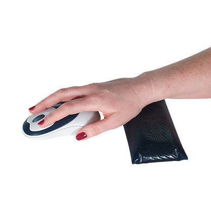 A hand using a computer mouse with the AliMed Cleanable Mouse Support positioned under the wrist for ergonomic support.