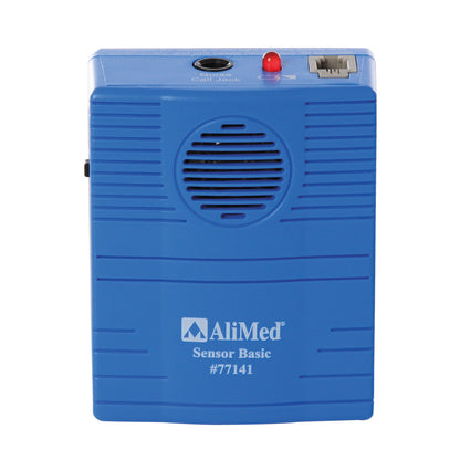 Blue AliMed Basic Sensor Alarm with speaker, red indicator light, Nurse Call Jack, and various ports. Model #77141.