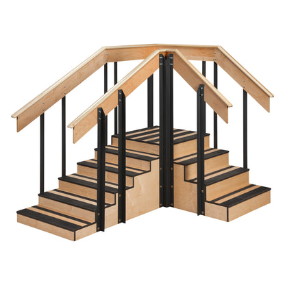 The Clinton Convertible Staircase features a wooden design with black accents and railings, configured in a U-shape with steps.