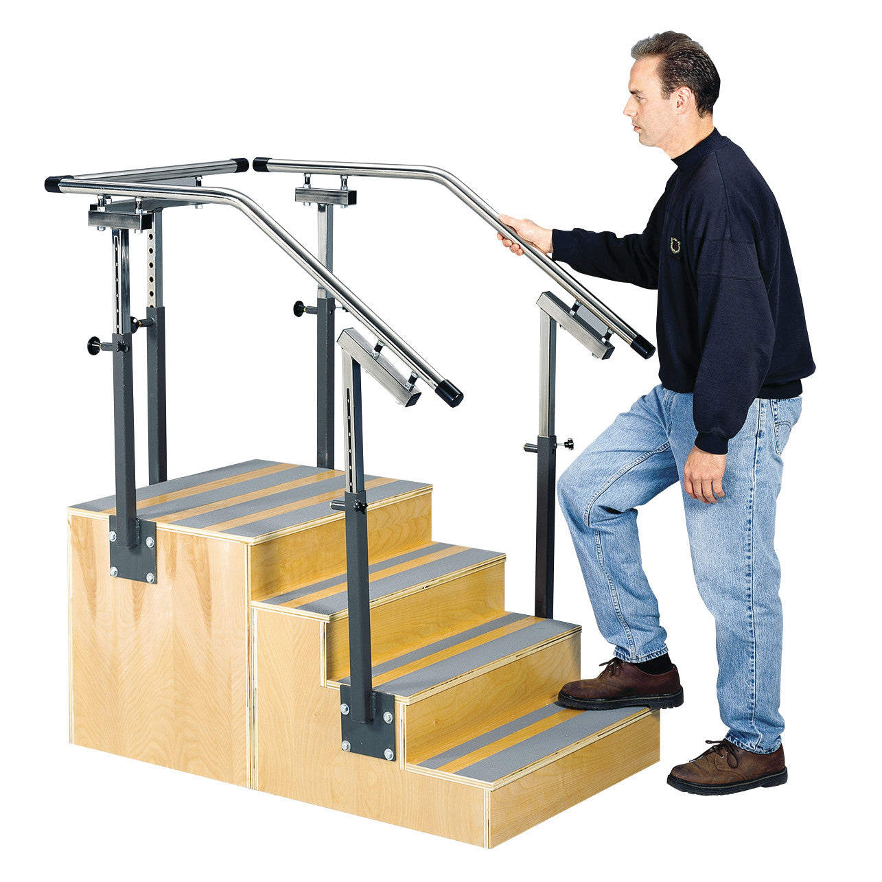 A person uses the Clinton Adjustable Rail One-Sided Staircase, featuring three wooden steps and metal handrails.