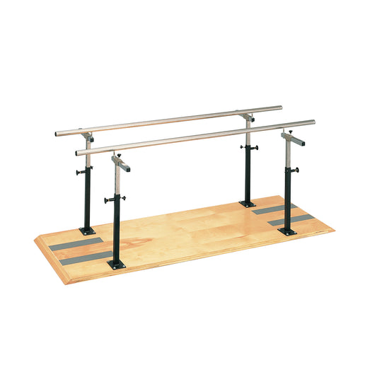 Clinton Parallel Bars on a wooden platform with adjustable metal rails and sturdy vertical supports.