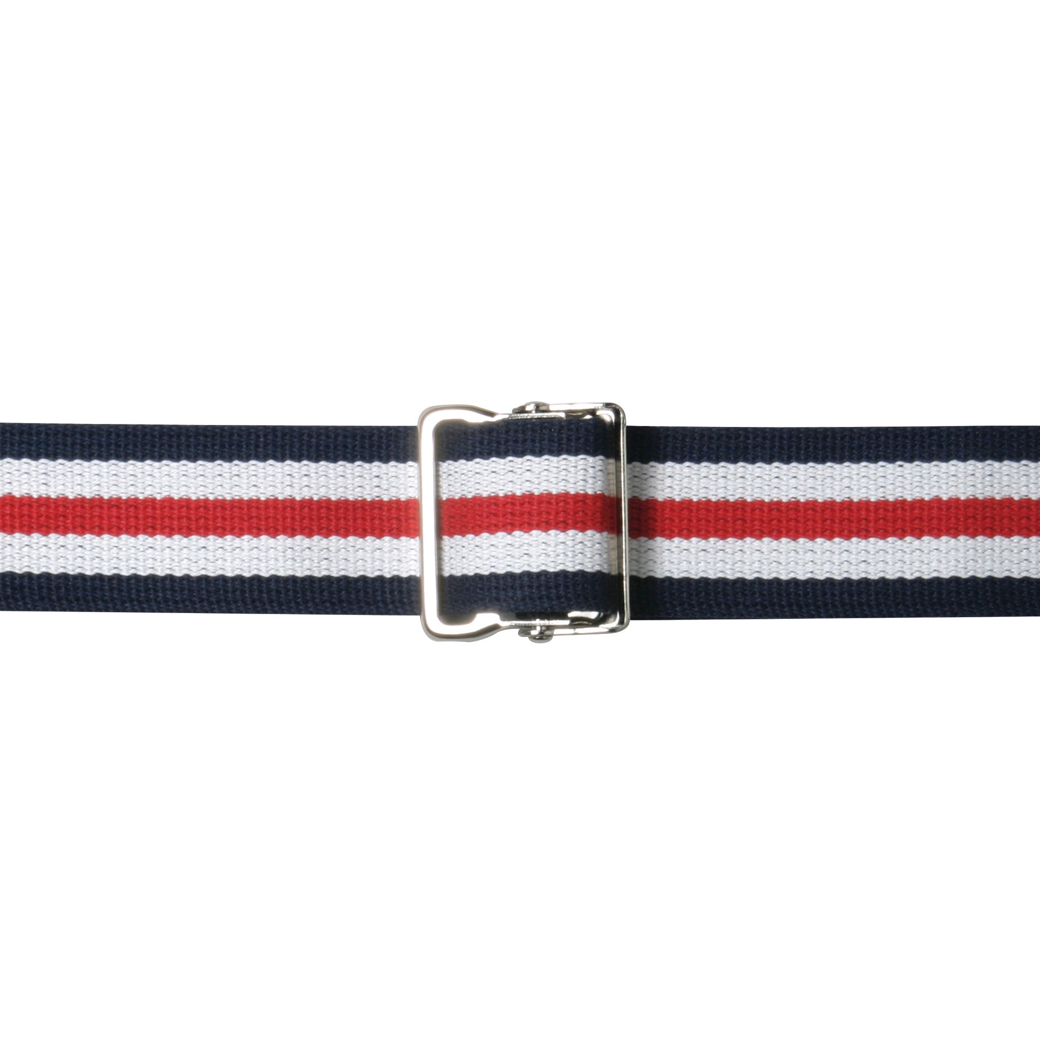 The AliMed Gait Belt features a navy, white, and red striped pattern with a metal buckle.